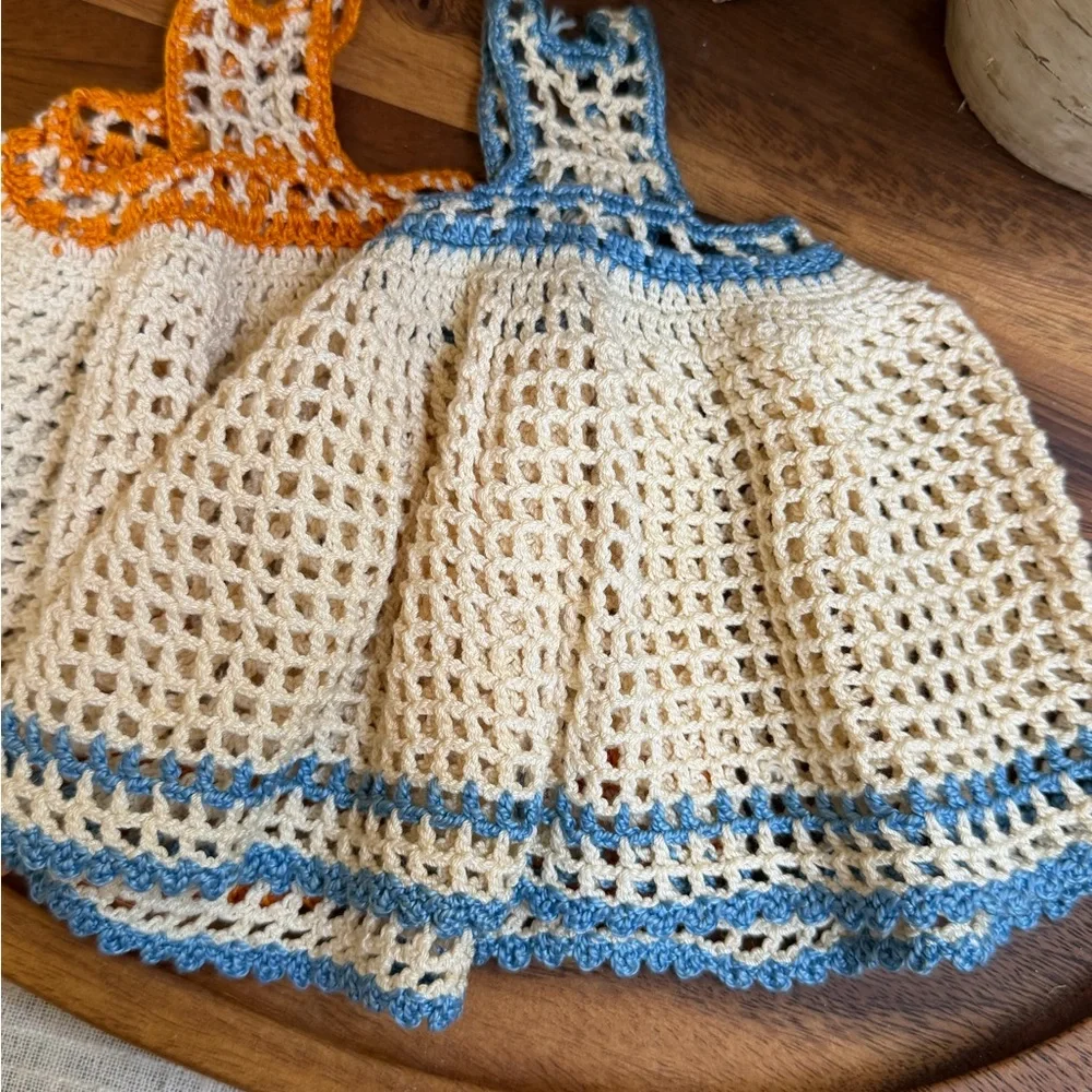 Vintage Crochet Dress Dish Towels Potholders Set Cottage Farmhouse Kitchen Decor
